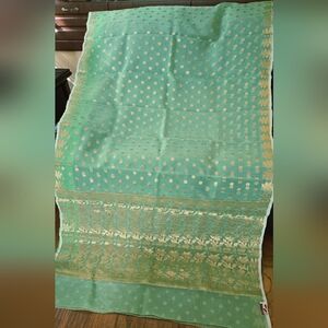Elegant Apple Green With Gold Zari Semi Chanderi Sari With Brocade Blouse